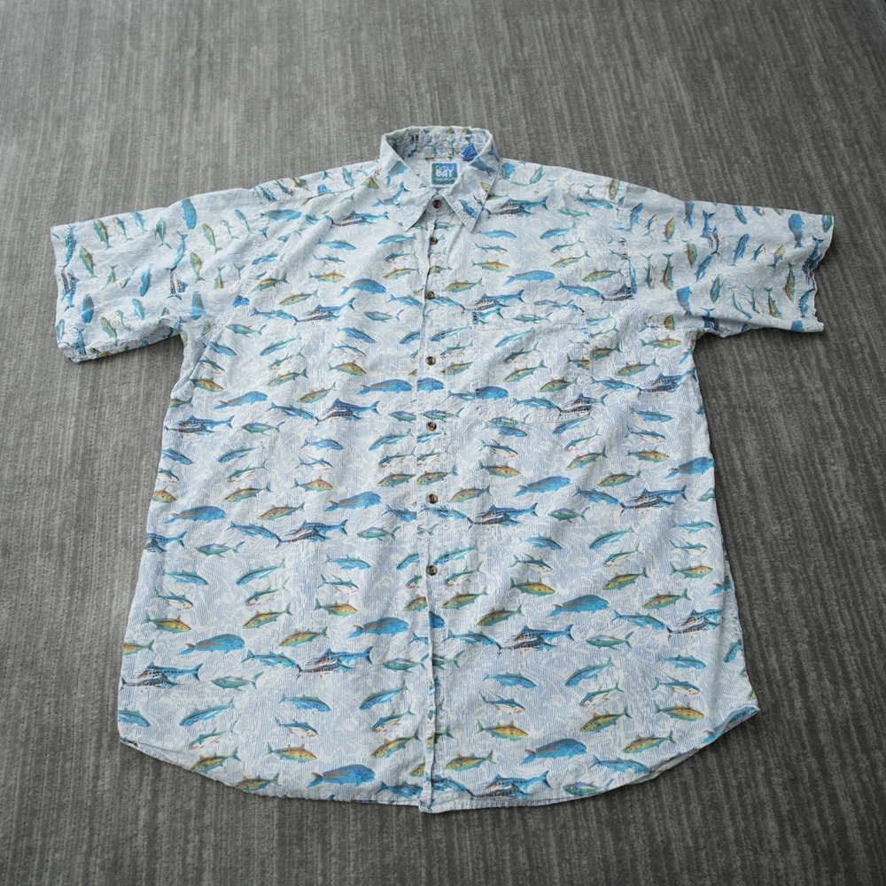 Bimini Bay Outfitters Shirt Men Button Up Short Sleeve White Fish Cotton XL‎